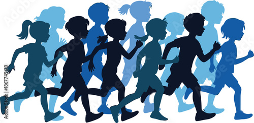 Running children silhouettes, kids jogging together, active youth fitness motion illustration vector set design collection