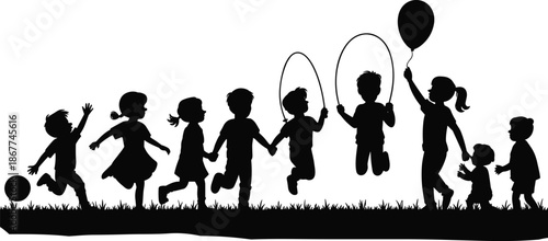 Children playing silhouettes, kids jumping rope holding balloons, happy childhood outdoor activity illustration vector set