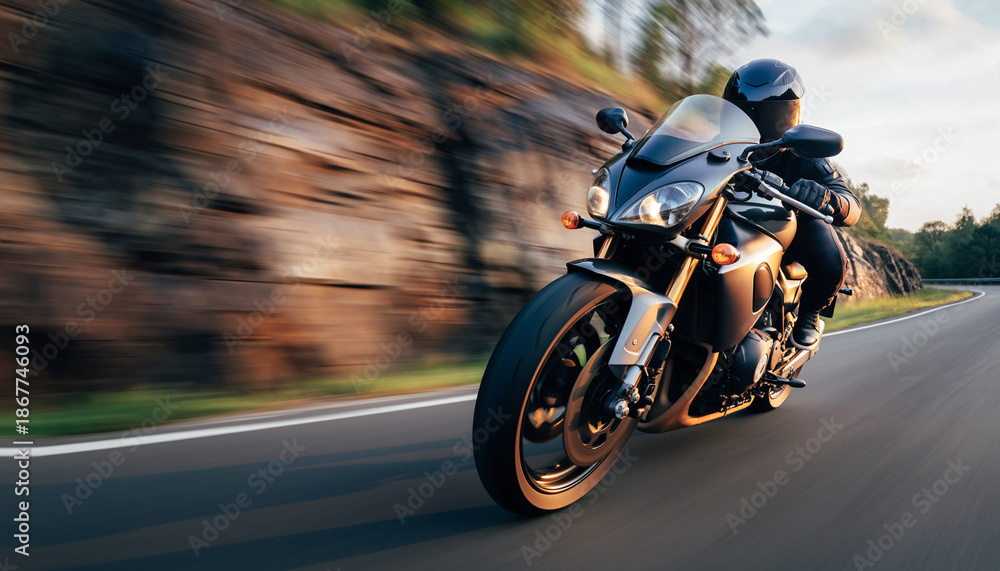 Obraz premium 山道を疾走するスポーツバイクのダイナミック走行