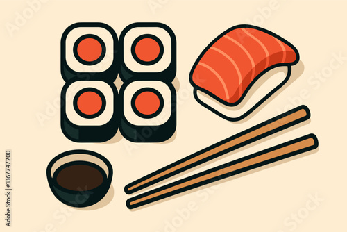 Assorted sushi with chopsticks and soy sauce on beige background