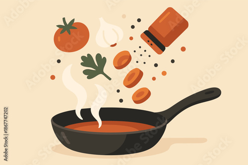 Sizzling veggies: tomato, garlic, carrot, and parsley in a pan with pepper shaker