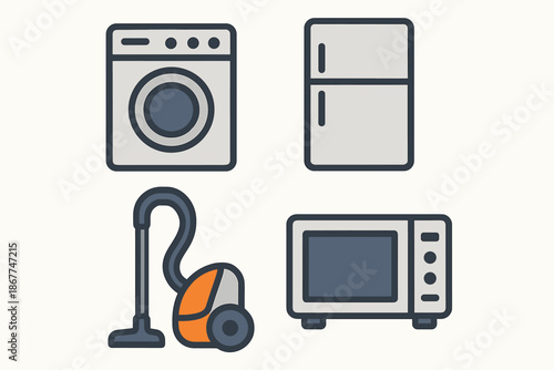 Set of household appliances icons: washer, refrigerator, vacuum, microwave