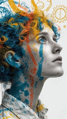 Vibrant conceptual portrait symbolizing neurodiversity and creative thinking, ideal for commercial and editorial projects promoting inclusion and mental health awareness