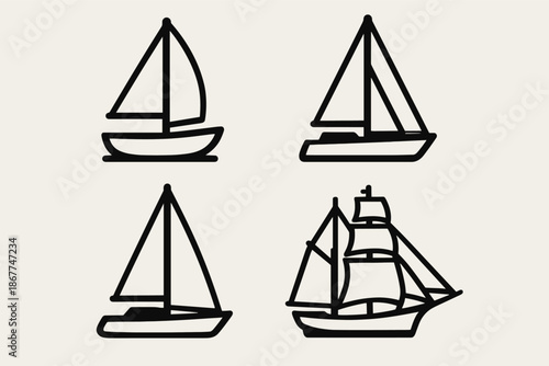 Simple nautical icons: four stylized sailboats in black on white