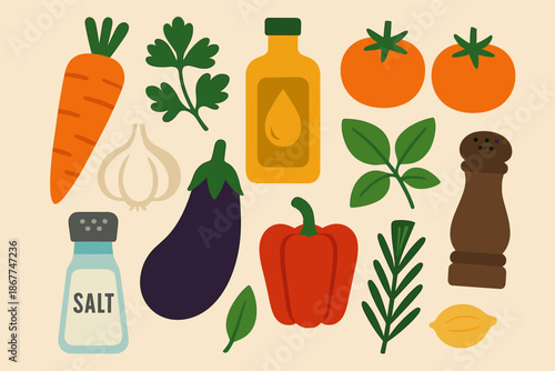 Colorful organic vegetables and seasonings illustration