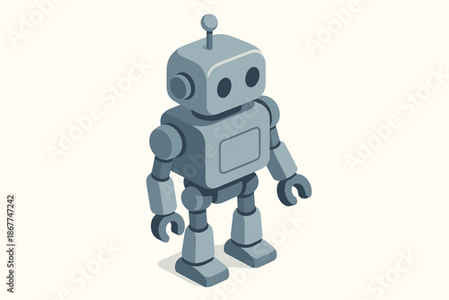 Gray retro robot with antenna and rounded features standing on off-white background