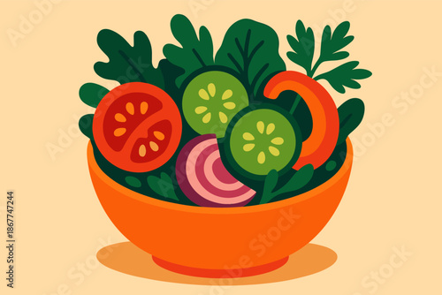 Colorful bowl of fresh vegetables with tomatoes, cucumbers, and greens