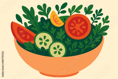 Colorful vegetable salad bowl with fresh tomatoes, cucumbers, and greens