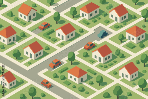 Isometric suburban neighborhood with houses, trees, and cars