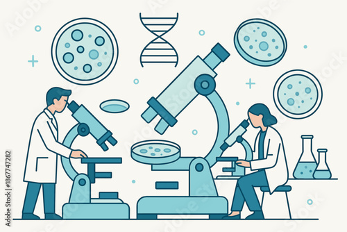 Caucasian male and female scientists conducting laboratory research with microscopes and dna illustrations