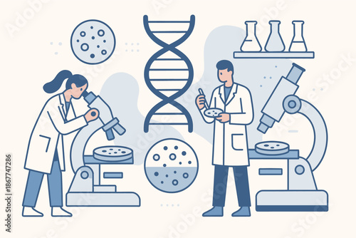 Scientists conducting research with microscopes and dna in laboratory setting