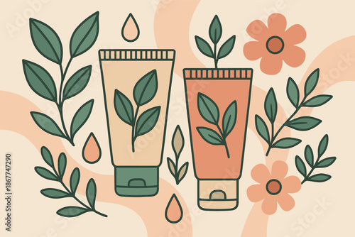 Eco-friendly skincare tubes with botanical design and floral elements