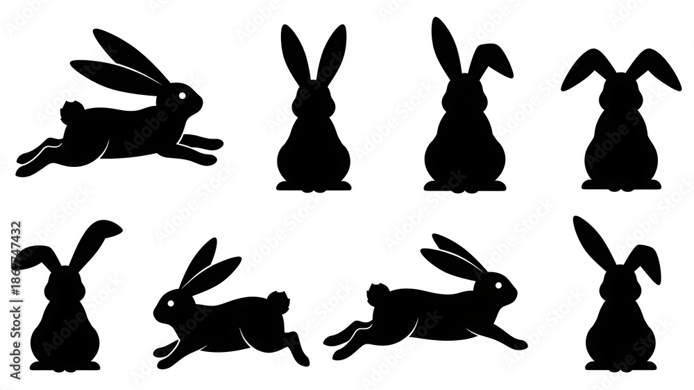 Obraz premium Easter Bunny Silhouette Collection Vector Various Poses Black Shapes Rabbit Jumping Sitting Running Minimalist Design Set Isolated White Background 