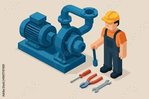 Male engineer with industrial motor and tools: wrench, pliers, screwdriver