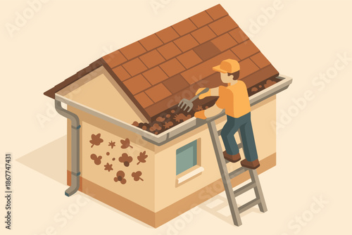 Male adult cleaning leaves from gutter on ladder, wearing casual attire, autumn maintenance scene