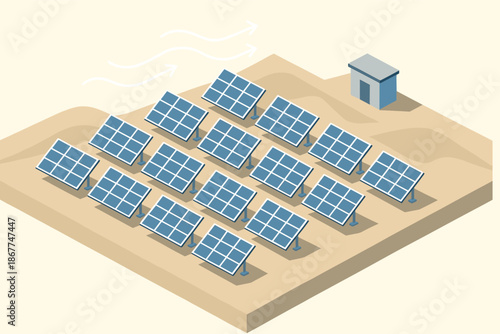 Isometric solar panel farm on sandy terrain with utility shed and flowing arrows