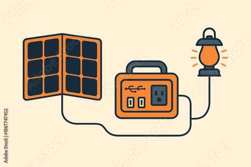 Solar-powered portable generator with connected lamp and panel