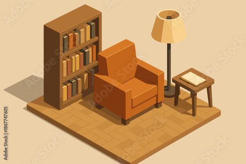 Cozy reading nook with armchair, bookshelf, and lamp in warm tones