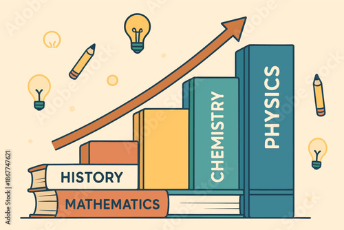 Rising arrow over stacked textbooks: history, mathematics, chemistry, physics