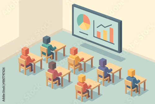 Isometric classroom with students learning from interactive digital board