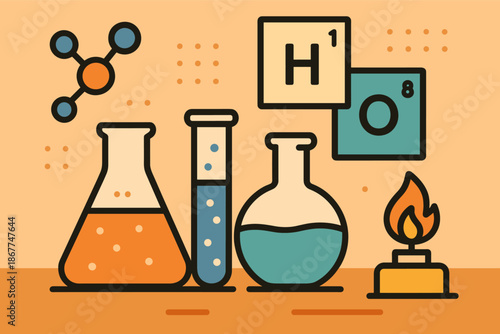 Colorful chemistry icons with beakers and bunsen burner on orange background