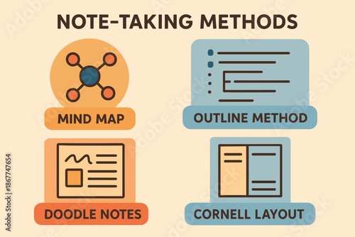 Visual guide to effective note-taking methods: mind map, outline, doodle, cornell layout
