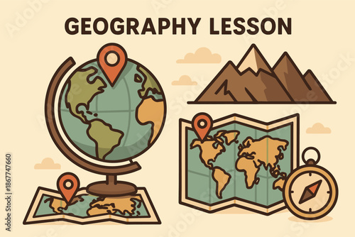 Illustrated geography lesson with globe, map, mountains, and compass