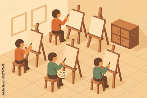 Isometric art class with students painting on easels in a studio setting
