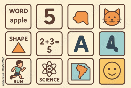 Educational flashcards for children featuring numbers, shapes, and science symbols