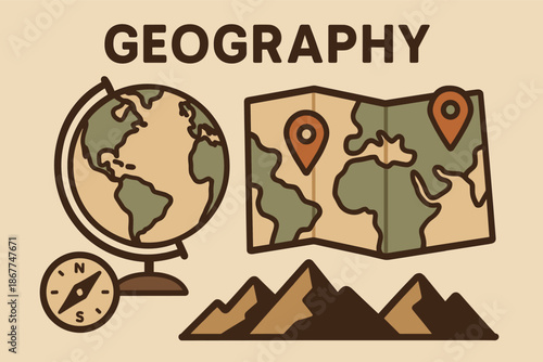 Retro geography icon set featuring globe, map, compass, and mountains