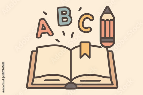 Open book with alphabet letters and pencil illustrating learning and education concept