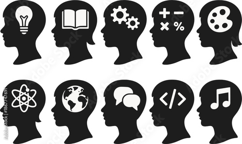 Silhouette heads with diverse cognitive and creative symbols