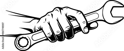 Hand holding wrench repair tool service mechanic silhouette vector illustration
