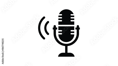 A simple black and white illustration of a vintage style microphone with sound waves