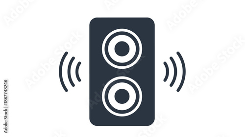 Simple dark blue speaker icon with sound waves emanating from the two drivers