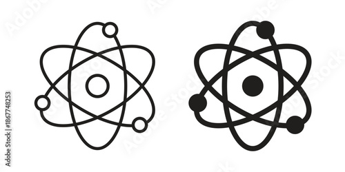 Atom icons in line art and flat black clipart design style