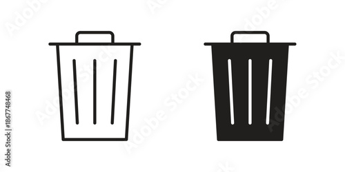 Bin icons in line art and flat black clipart design style