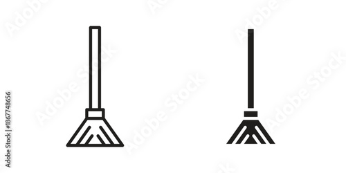 Broom icons in line art and flat black clipart design style