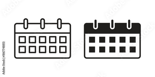 Calendar icons in line art and flat black clipart design style