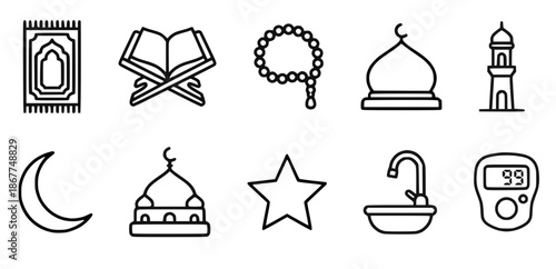  Islamic religion line icons showing Quran book, mosque and minaret, crescent moon and star, tasbih bead prayer mat, icon black outline ,clean symbolic set, concept of Muslim faith worship Ramadan Eid