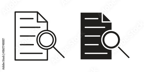 Case study icons in line art and flat black clipart design style
