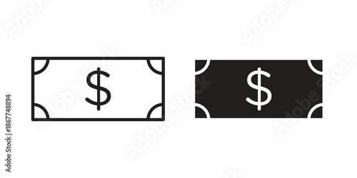 Cash icons in line art and flat black clipart design style