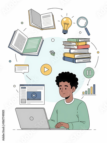 Online Education Vector Illustration with Student Learning via Laptop