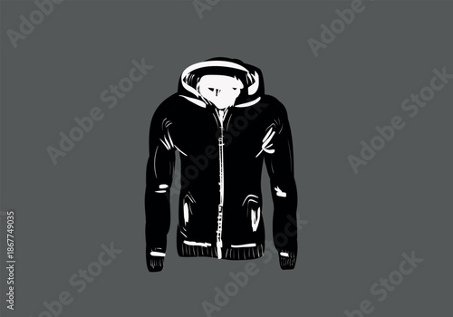 Front and back flat sketch of hoodie sweatshirt with zipper, kangaroo pocket and drawstring hood