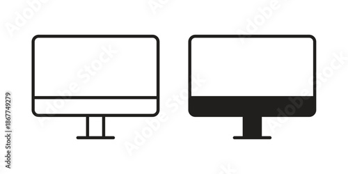 Computer screen icons in line art and flat black clipart design style