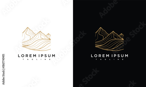 Mountain landscape illustration with abstract gold lines on contrasting backgrounds
