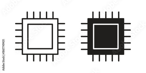 CPU icons in line art and flat black clipart design style