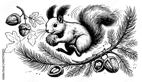 Detailed woodcut style drawing of a squirrel sitting on a pine branch holding a nut
