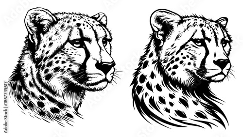 Detailed cheetah head portraits in artistic hand drawn monochrome vector style