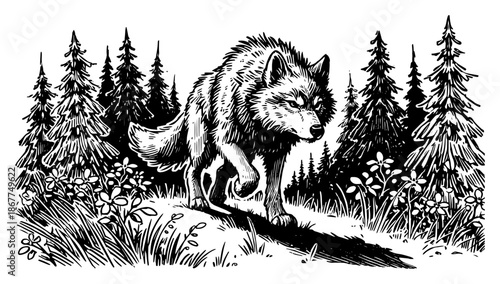 Majestic wolf walking through a dense pine forest in classic vintage woodcut engraving style